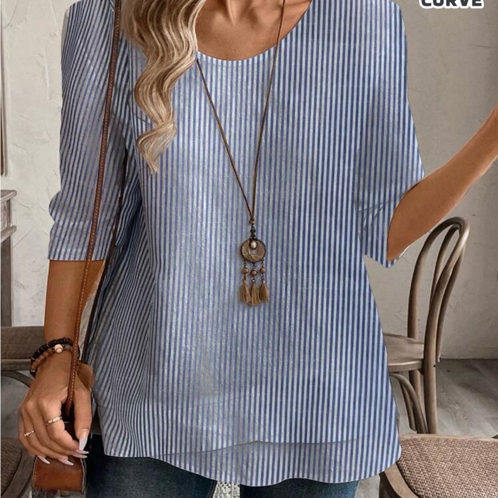SHEIN Blue and White Boxy Blouse Relaxed Fit